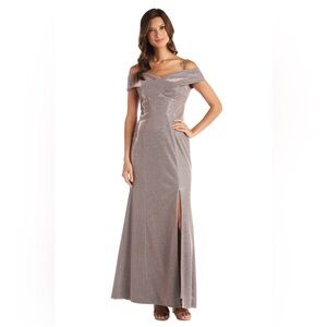 NWT R & M Richards Size 14 Elegant Off-Shoulder Dark Silver Evening Gown